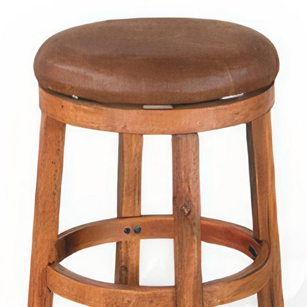 Marv Swivel Counter Stool Set of 2 | Faux Leather Seat | Rustic Oak Brown Mahogany Wood BM325286