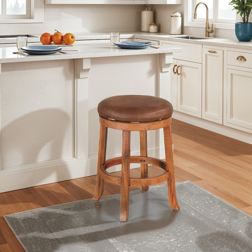 Marv Swivel Counter Stool Set of 2 | Faux Leather Seat | Rustic Oak Brown Mahogany Wood