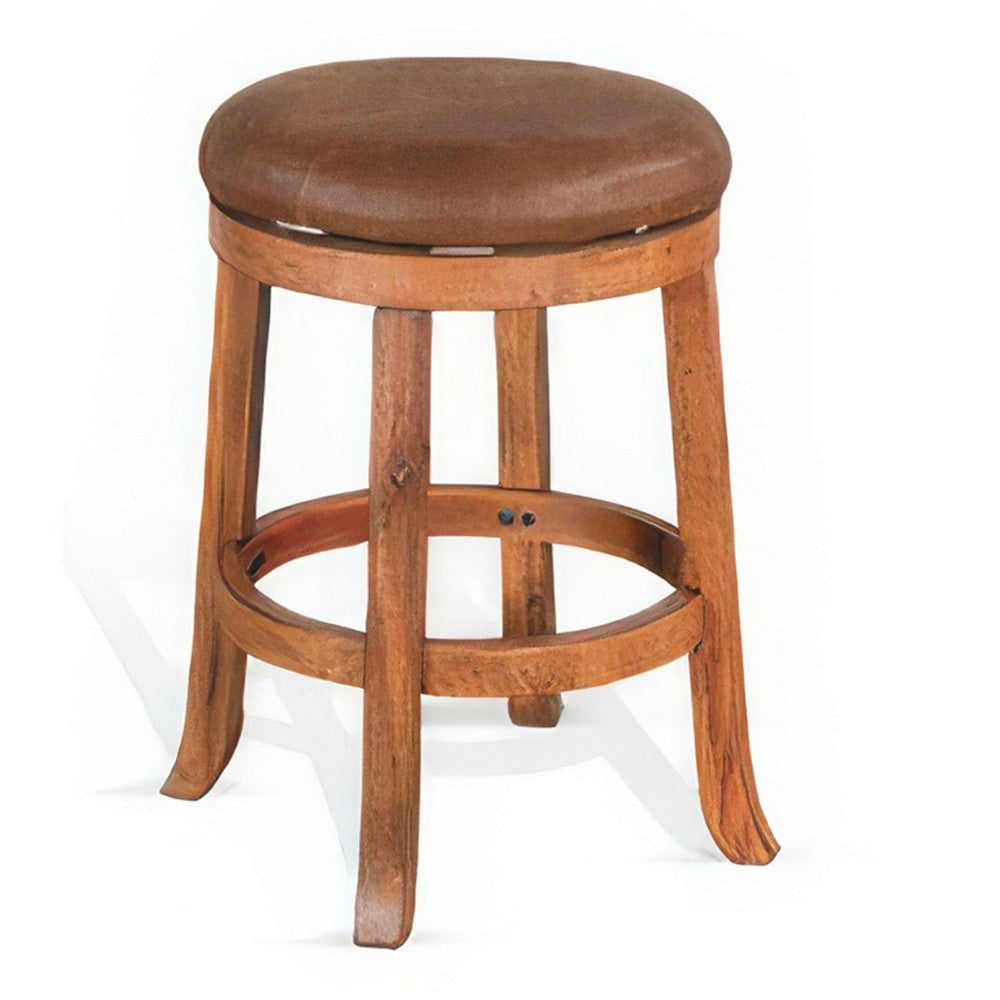 Marv Swivel Counter Stool Set of 2 | Faux Leather Seat | Rustic Oak Brown Mahogany Wood BM325286