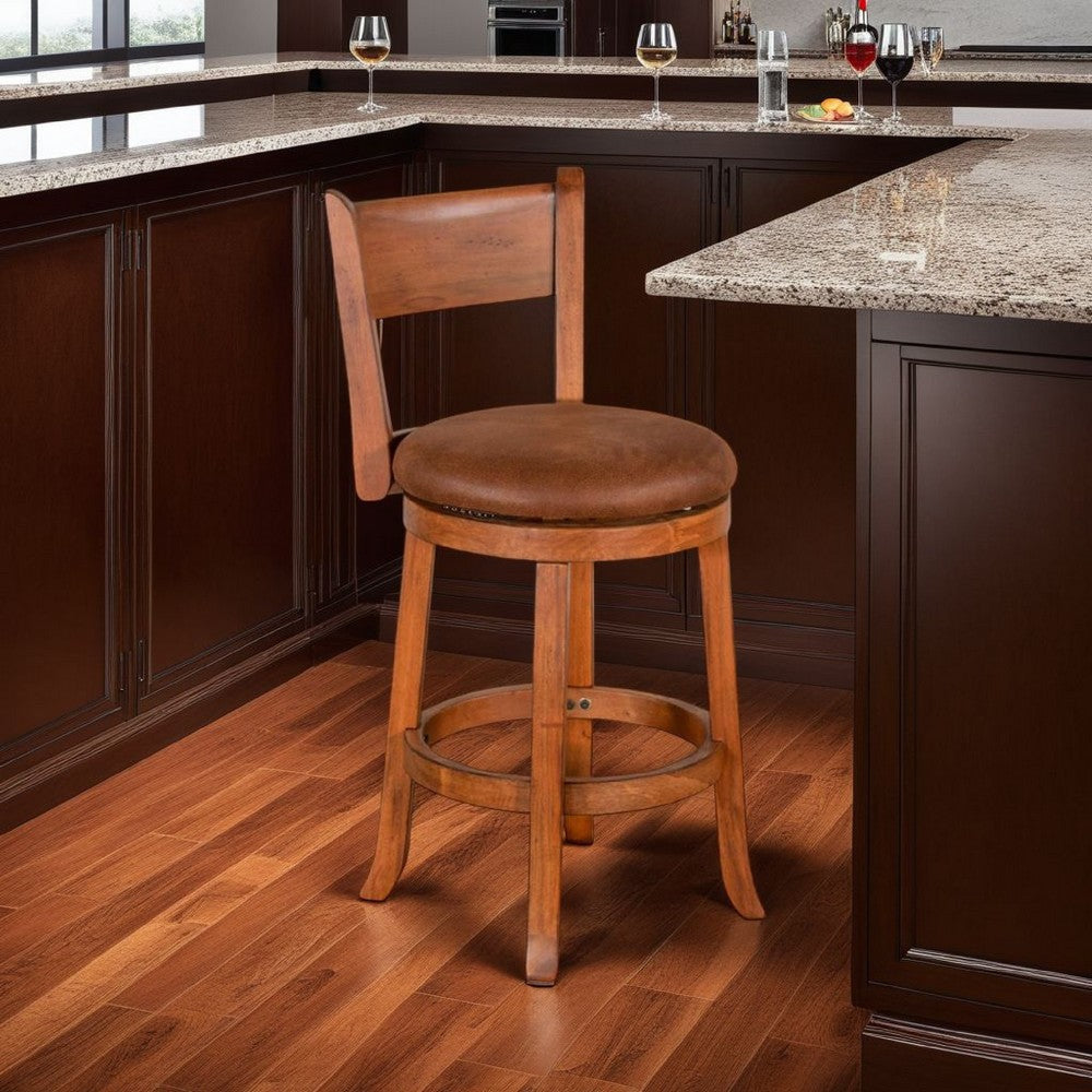 Marv Swivel Counter Height Chair Set of 2, Brown Faux Leather, Wood