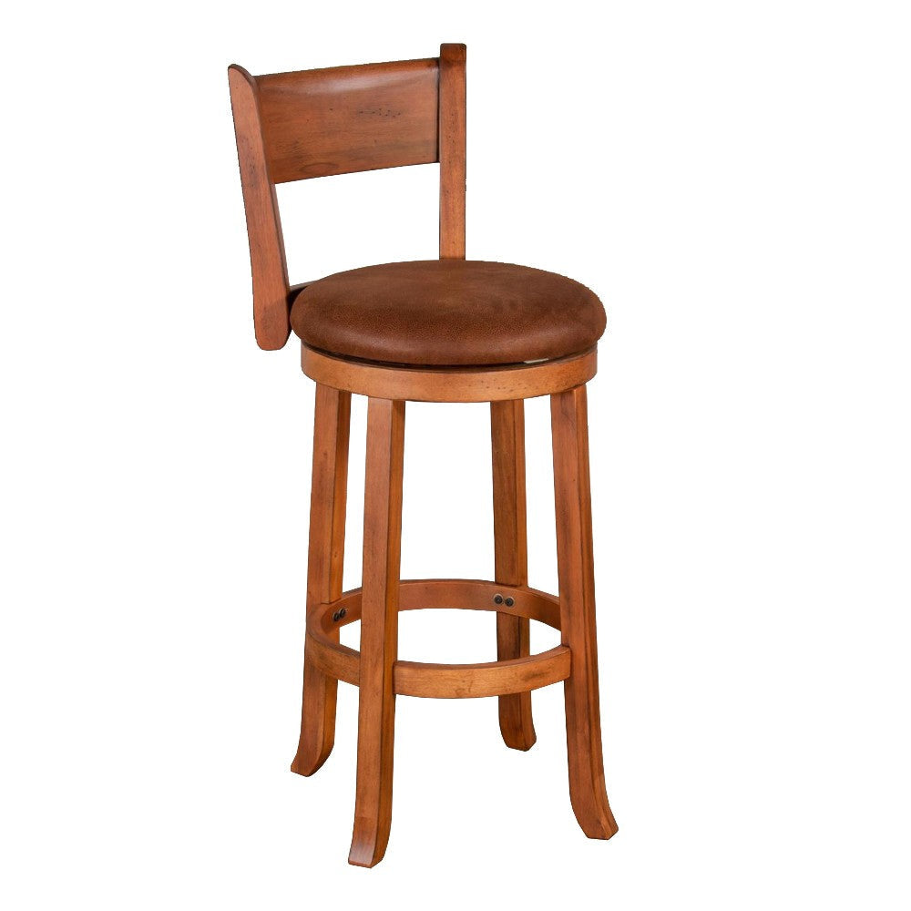 Marv Swivel Barstool Chair Set of 2, Brown Faux Leather, Mahogany Wood