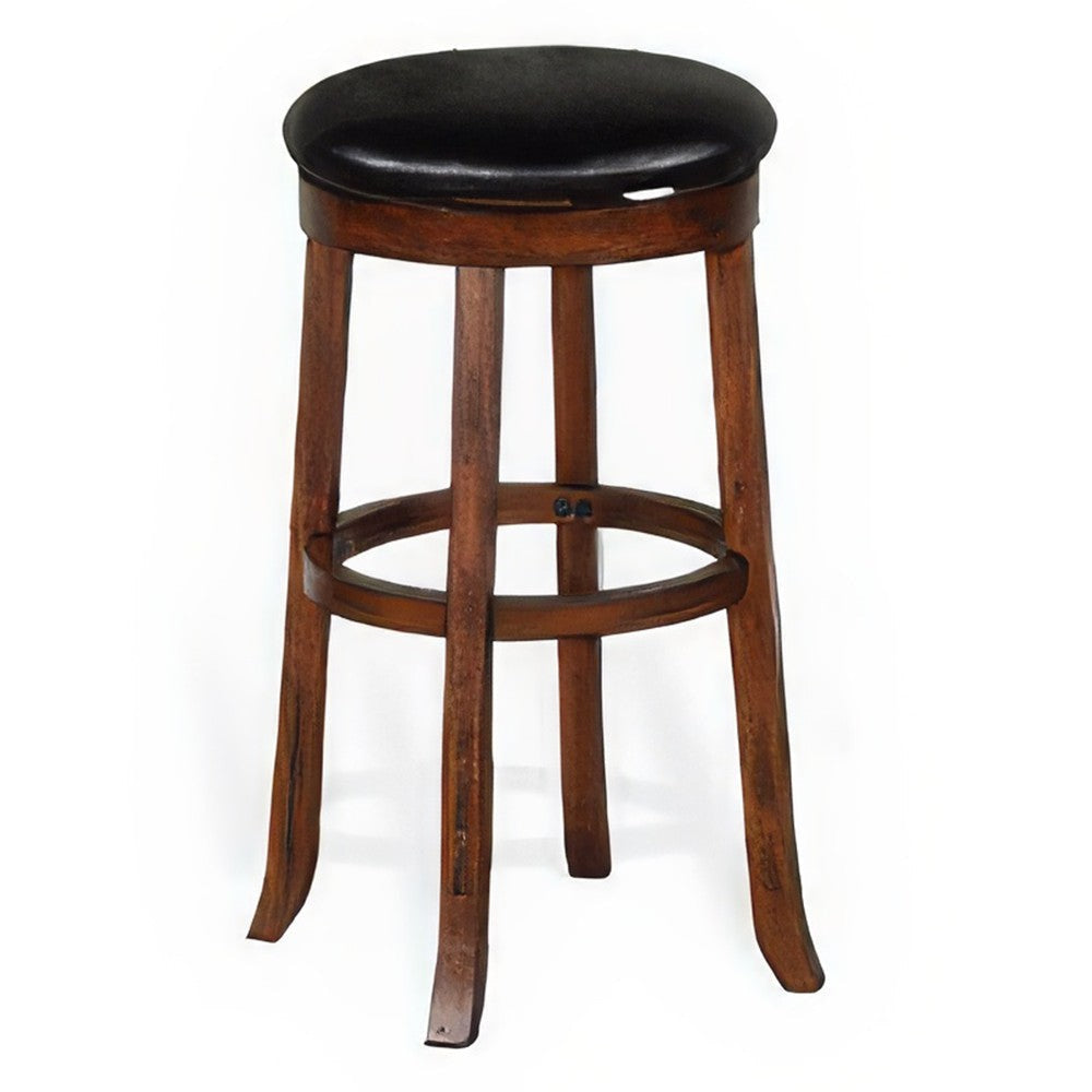 Reggie Swivel Barstool Set of 2, Black Faux Leather, Brown Mahogany