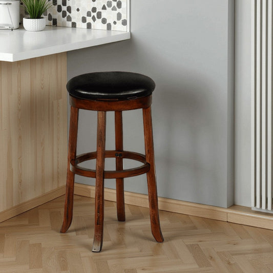 Reggie Swivel Barstool Set of 2, Black Faux Leather, Brown Mahogany