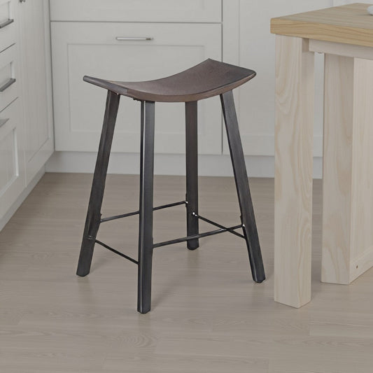 Flint Counter Stool Set of 2, Curved Dark Brown Mahogany Wood, 24"