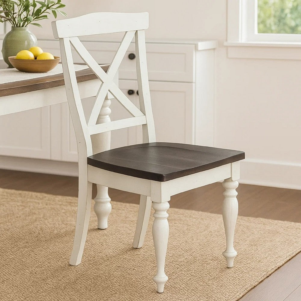 Orso Dining Side Chair Set of 2, Crossback, Brown Wood Seat, White