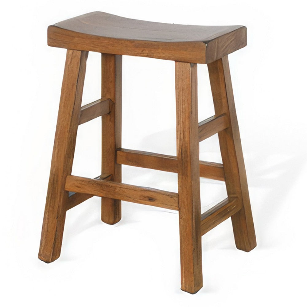 Marv Counter Height Stool Set of 2 | Saddle Seat with Ladder Style Base | Rustic Brown Mahogany Wood BM325307