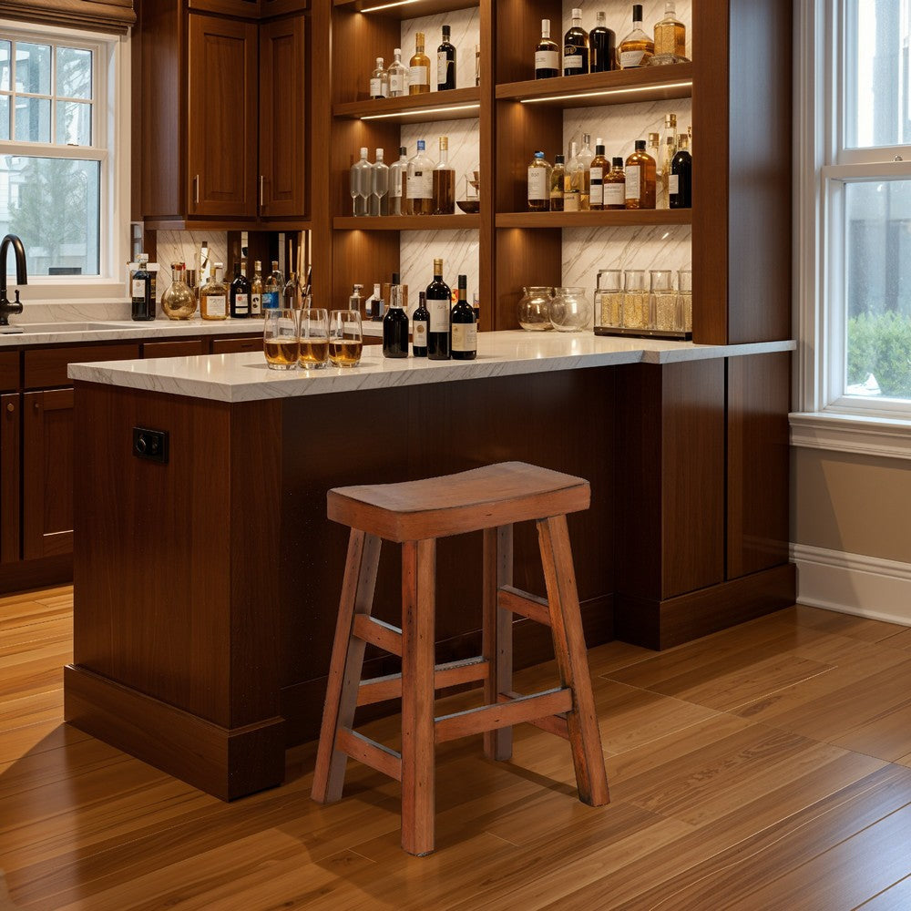 Marv Counter Height Stool Set of 2 | Saddle Seat with Ladder Style Base | Rustic Brown Mahogany Wood