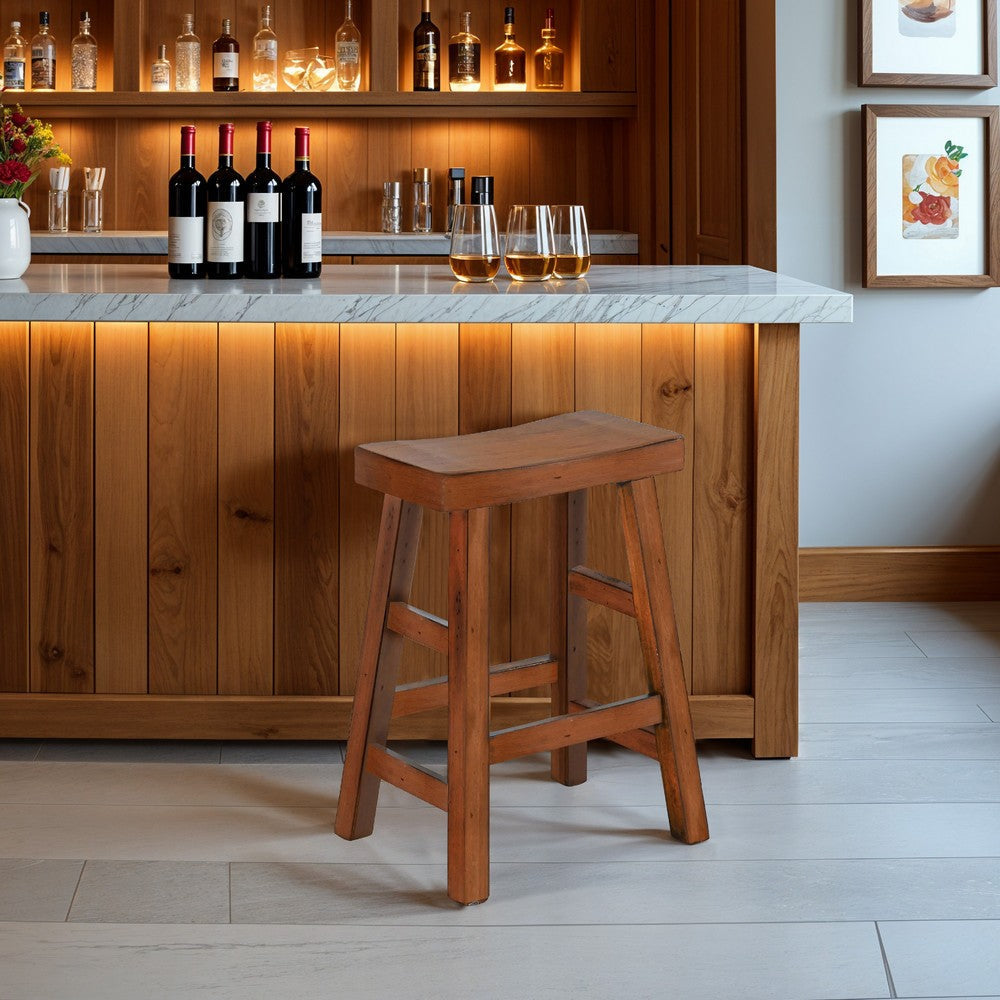 Marv Counter Height Stool Set of 2 | Saddle Seat with Ladder Style Base | Rustic Brown Mahogany Wood
