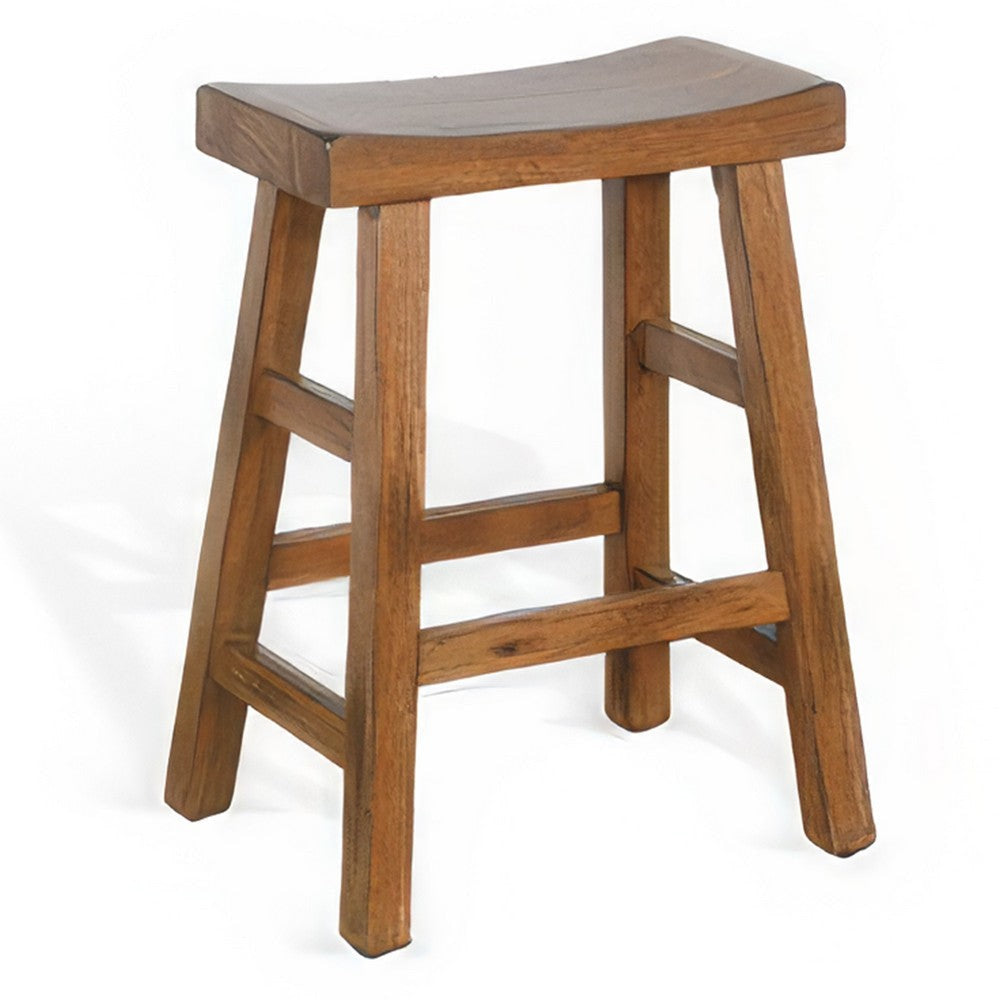 Marv Counter Height Stool Set of 2 | Saddle Seat with Ladder Style Base | Rustic Brown Mahogany Wood BM325307