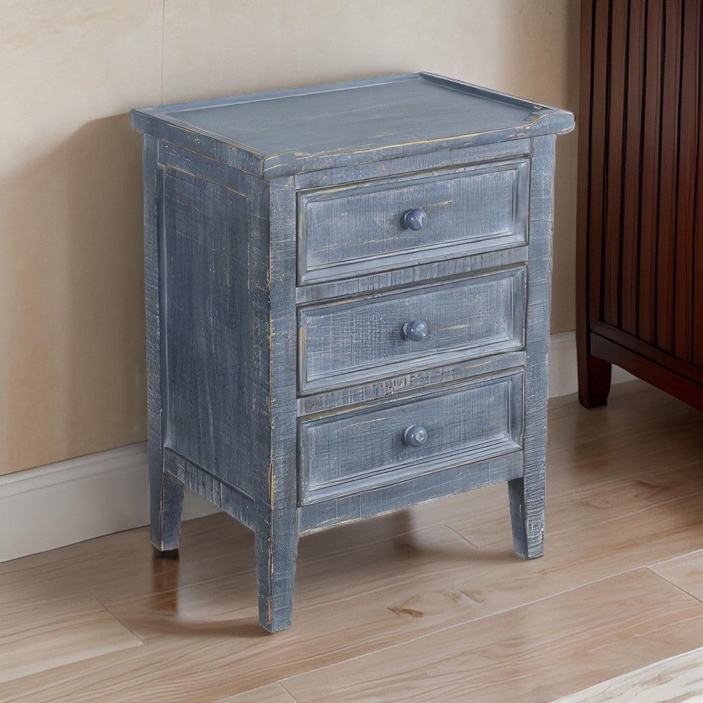 Rena Side End Table with 3 Drawers, 19" Rustic Blue Mahogany Wood