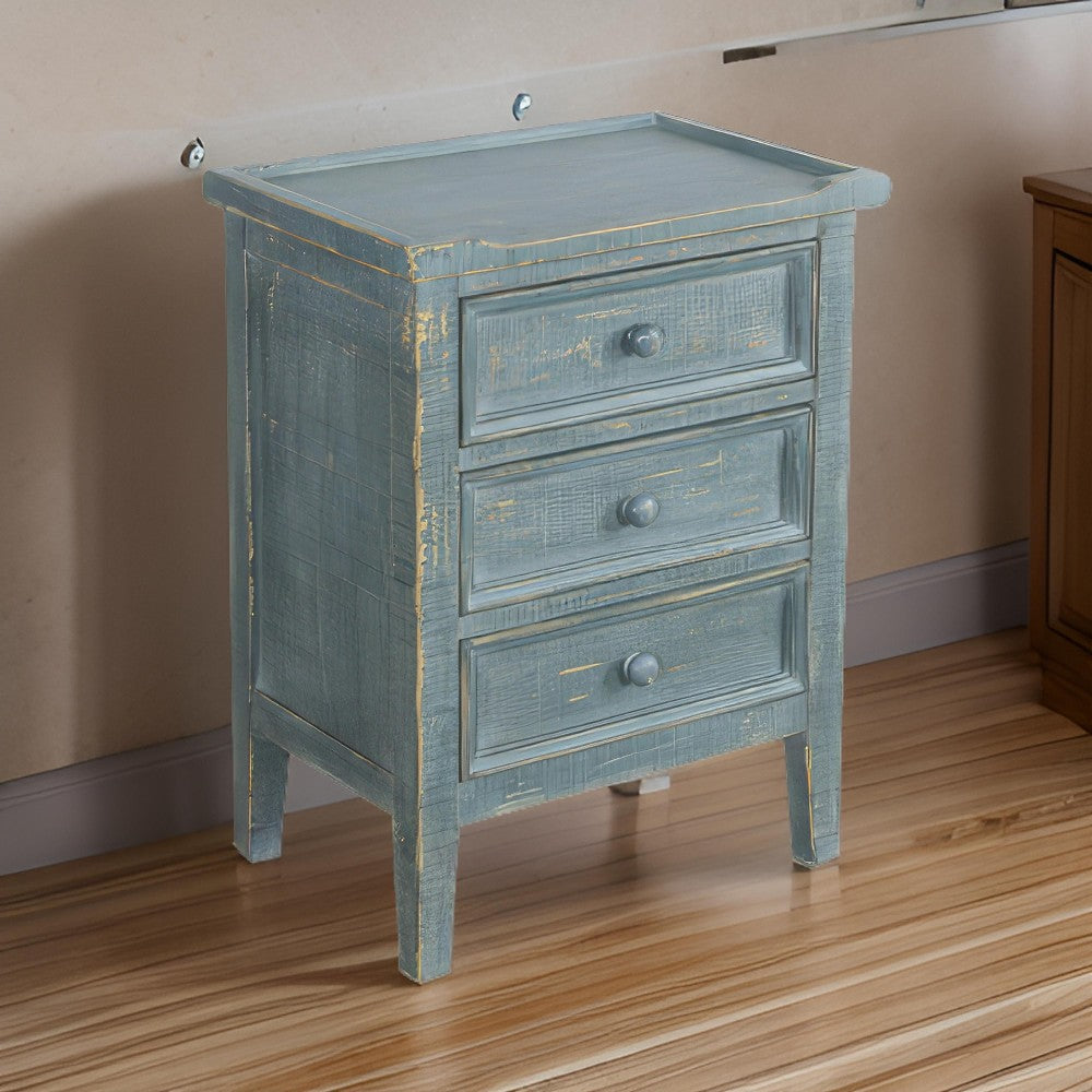 Rena Side End Table with 3 Drawers, 19" Rustic Green Mahogany Wood