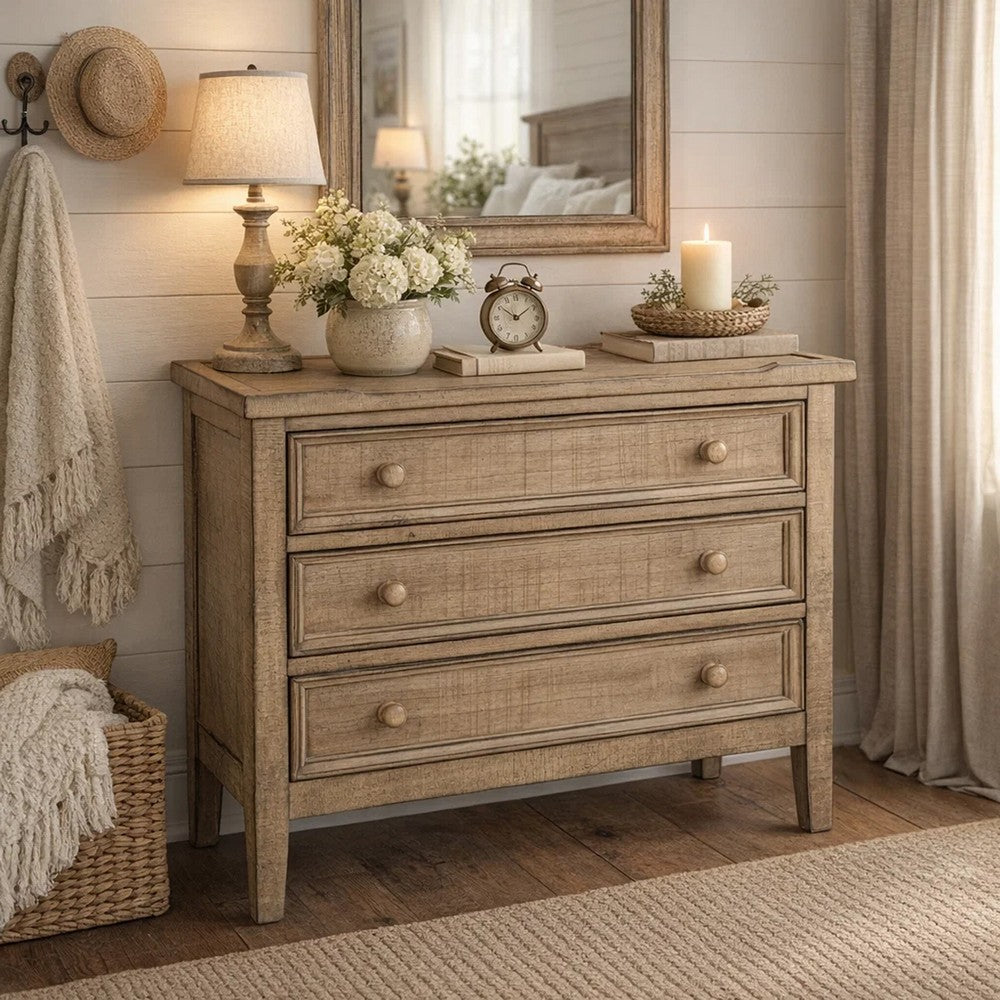 Rena Side End Table | 3 Drawers with Round Knobs | 28" Distressed Pebble Brown Mahogany Wood