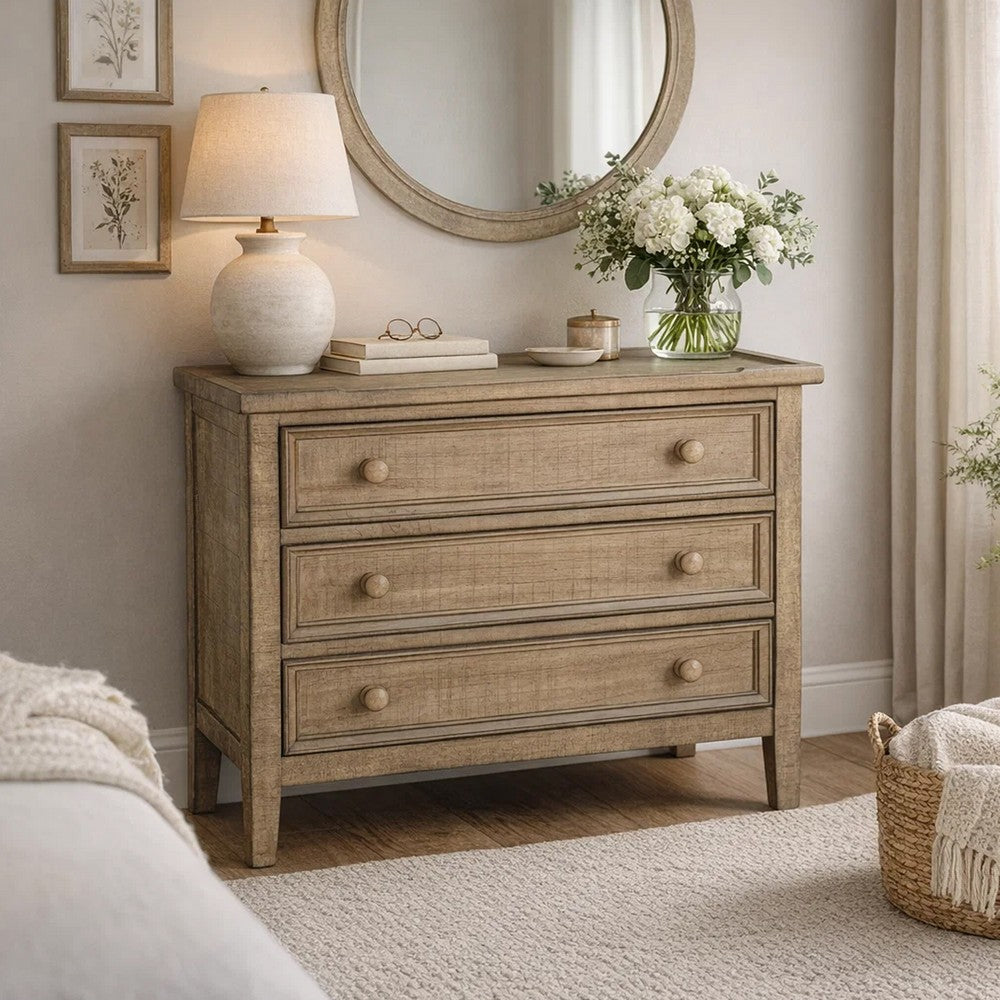 Rena Side End Table | 3 Drawers with Round Knobs | 28" Distressed Pebble Brown Mahogany Wood