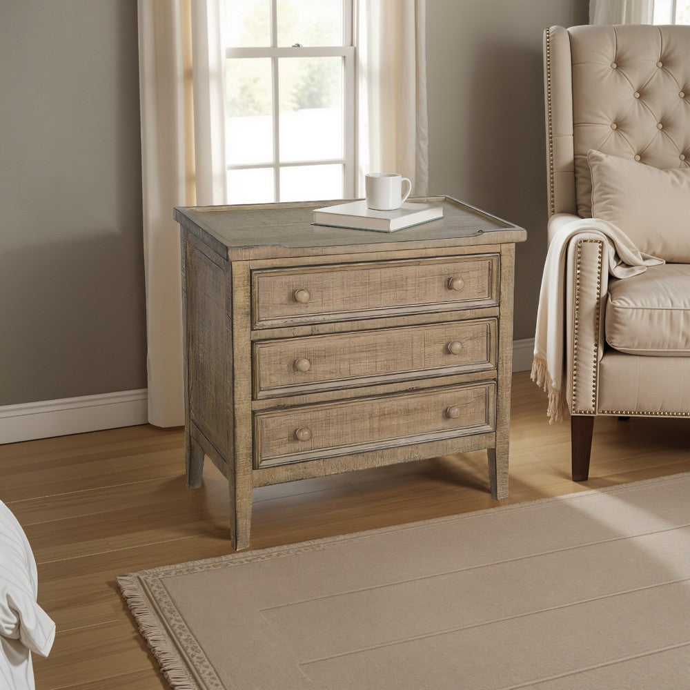 Rena Side End Table | 3 Drawers with Round Knobs | 28" Distressed Pebble Brown Mahogany Wood