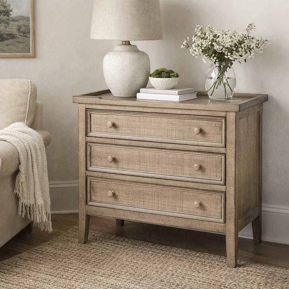 Rena Side End Table | 3 Drawers with Round Knobs | 28" Distressed Pebble Brown Mahogany Wood