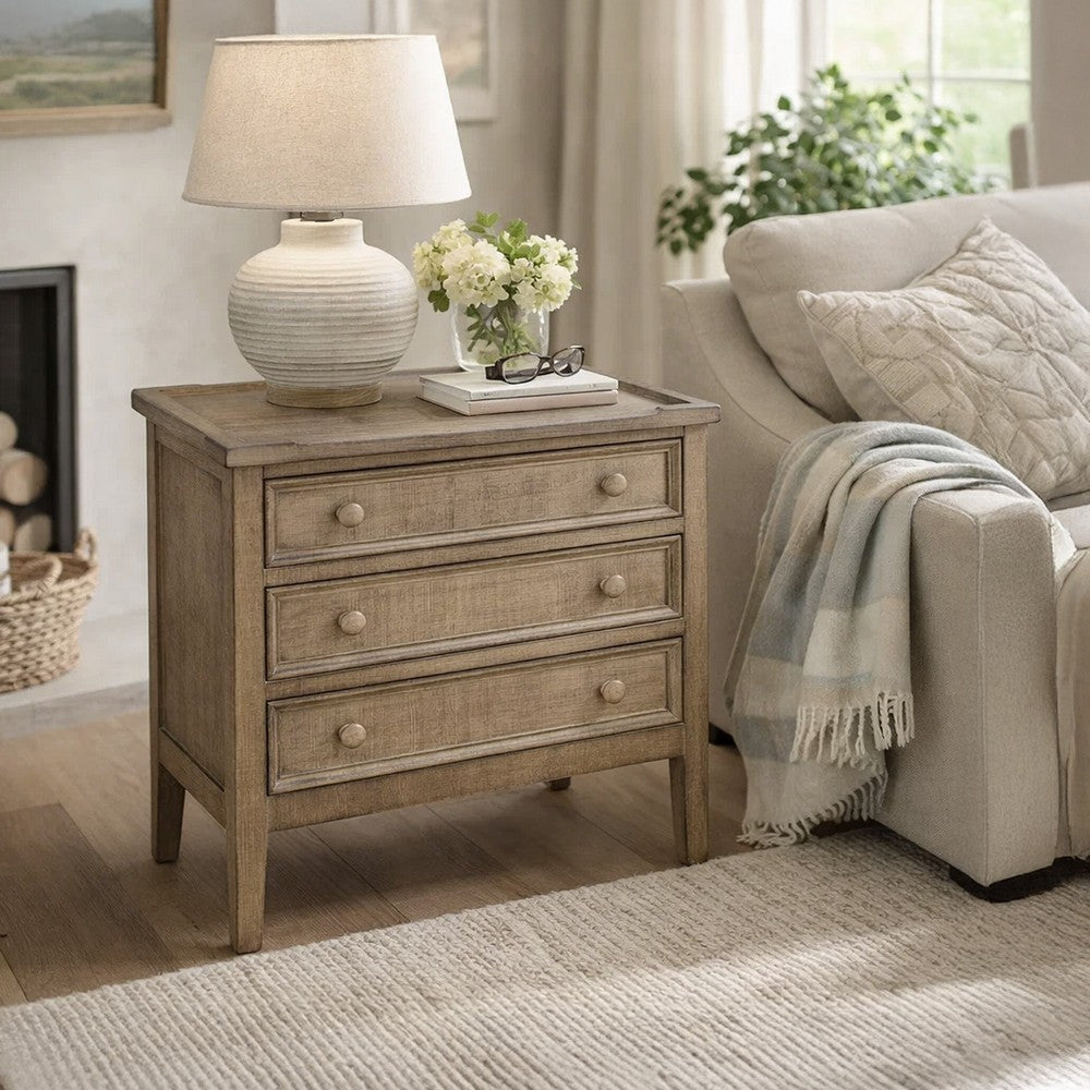 Rena Side End Table | 3 Drawers with Round Knobs | 28" Distressed Pebble Brown Mahogany Wood