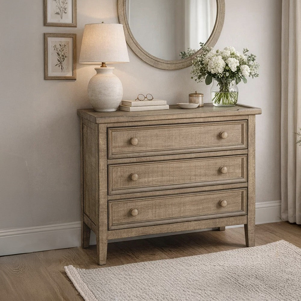 Rena Side End Table | 3 Drawers with Round Knobs | 28" Distressed Pebble Brown Mahogany Wood