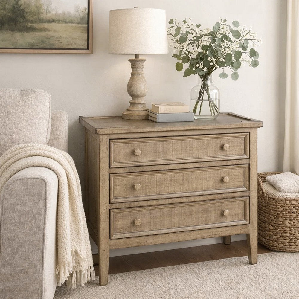 Rena Side End Table | 3 Drawers with Round Knobs | 28" Distressed Pebble Brown Mahogany Wood