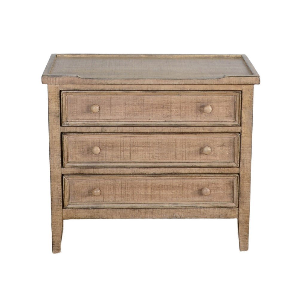 Rena Side End Table | 3 Drawers with Round Knobs | 28" Distressed Pebble Brown Mahogany Wood