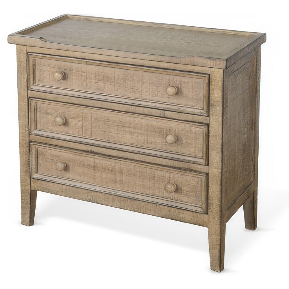 Rena Side End Table | 3 Drawers with Round Knobs | 28’’ Distressed Pebble Brown Mahogany Wood BM325314