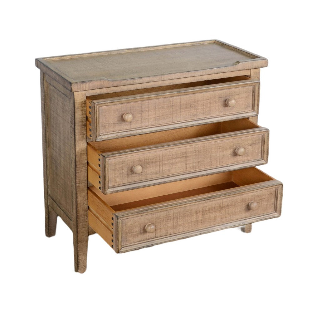 Rena Side End Table | 3 Drawers with Round Knobs | 28" Distressed Pebble Brown Mahogany Wood