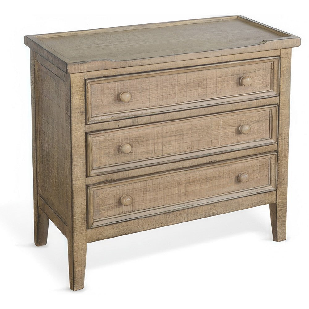 Rena Side End Table | 3 Drawers with Round Knobs | 28’’ Distressed Pebble Brown Mahogany Wood BM325314