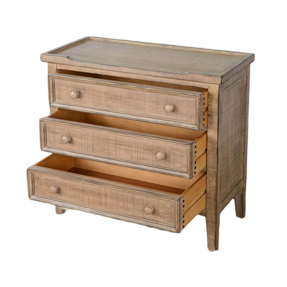 Rena Side End Table | 3 Drawers with Round Knobs | 28" Distressed Pebble Brown Mahogany Wood