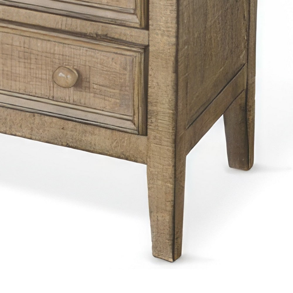 Rena Side End Table | 3 Drawers with Round Knobs | 28" Distressed Pebble Brown Mahogany Wood