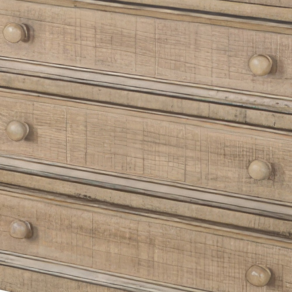 Rena Side End Table | 3 Drawers with Round Knobs | 28" Distressed Pebble Brown Mahogany Wood