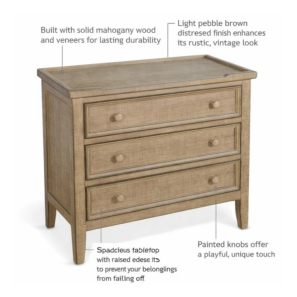 Rena Side End Table | 3 Drawers with Round Knobs | 28" Distressed Pebble Brown Mahogany Wood