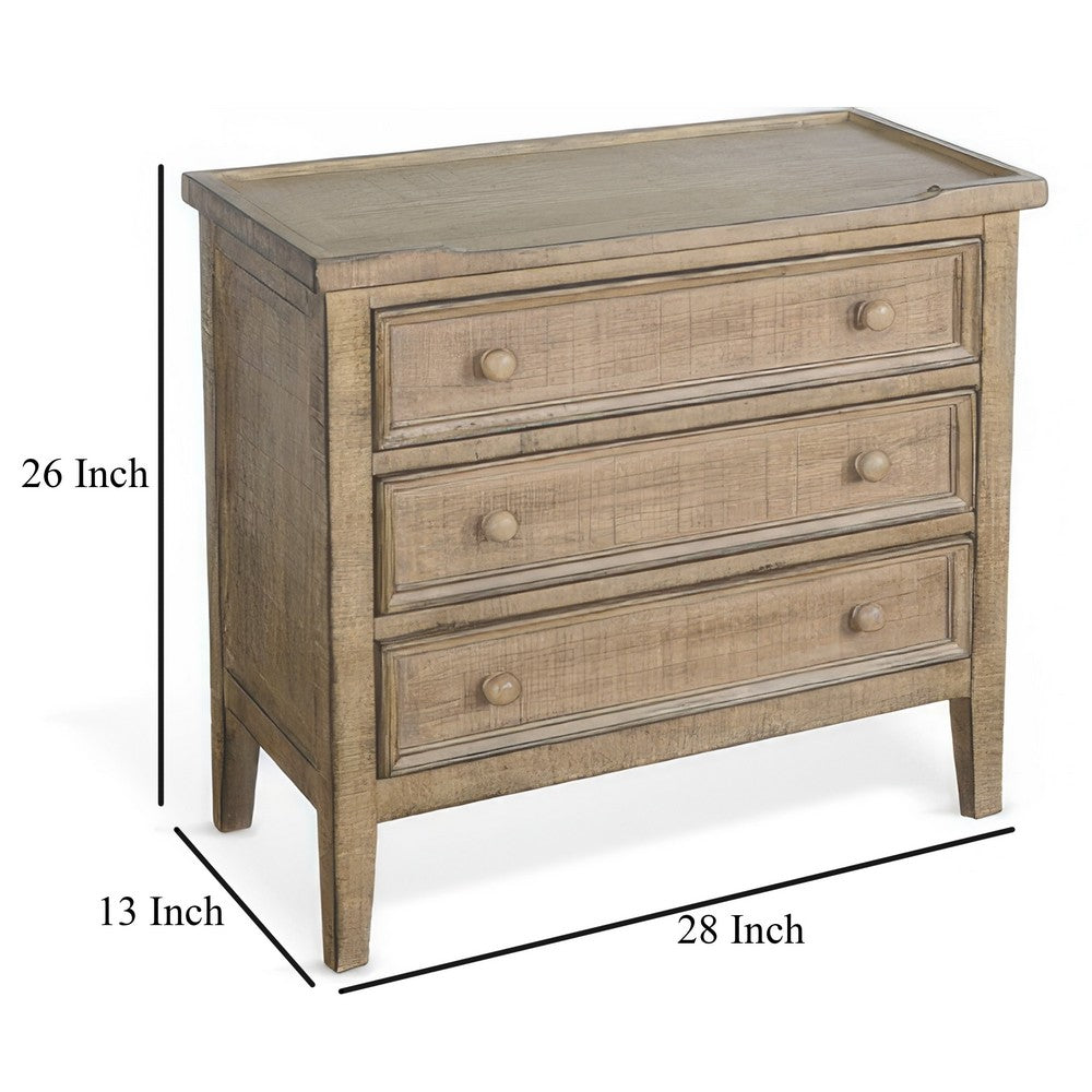 Rena Side End Table | 3 Drawers with Round Knobs | 28" Distressed Pebble Brown Mahogany Wood