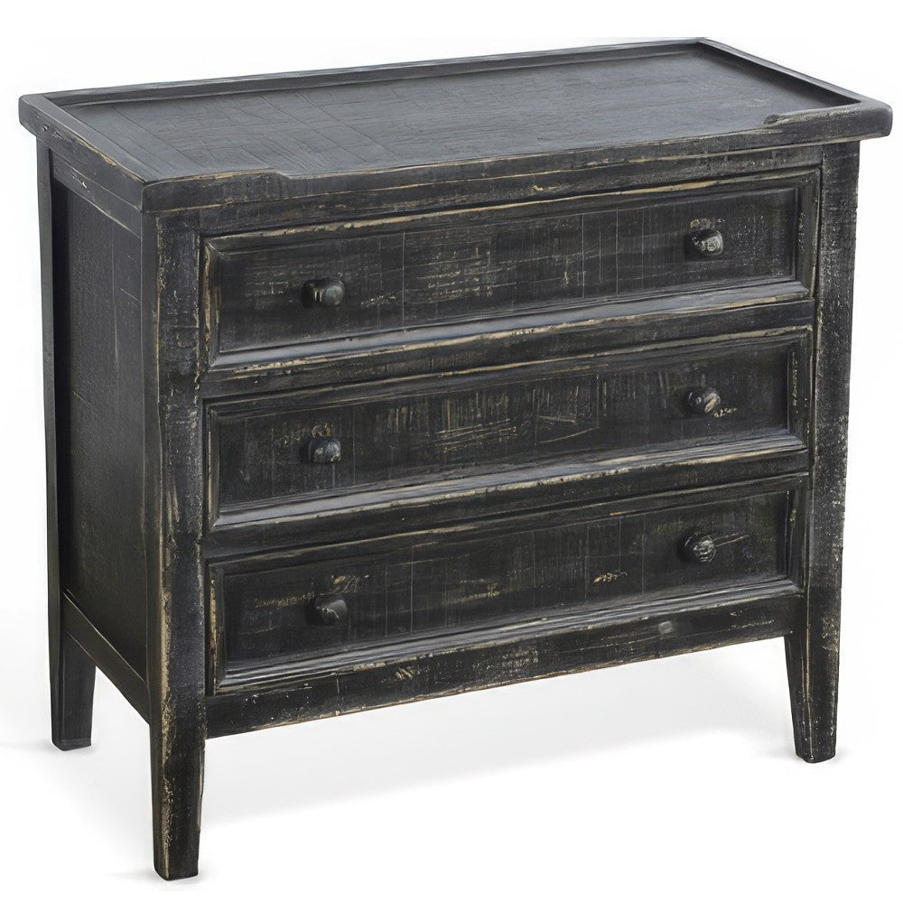 Rena Side End Table with 3 Drawers 28’’ Rustic Black Mahogany Wood