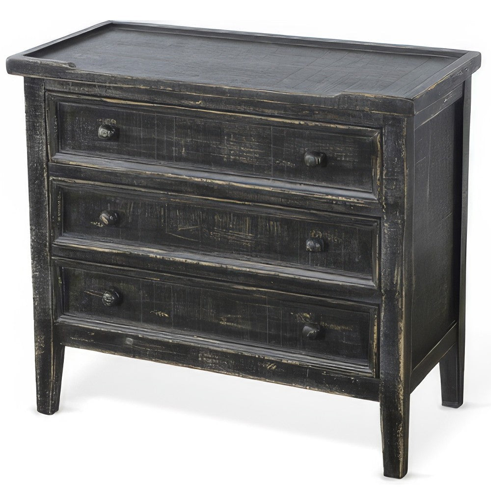 Rena Side End Table with 3 Drawers 28’’ Rustic Black Mahogany Wood