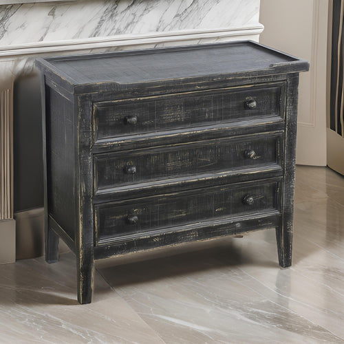Rena Side End Table with 3 Drawers, 28" Rustic Black Mahogany Wood