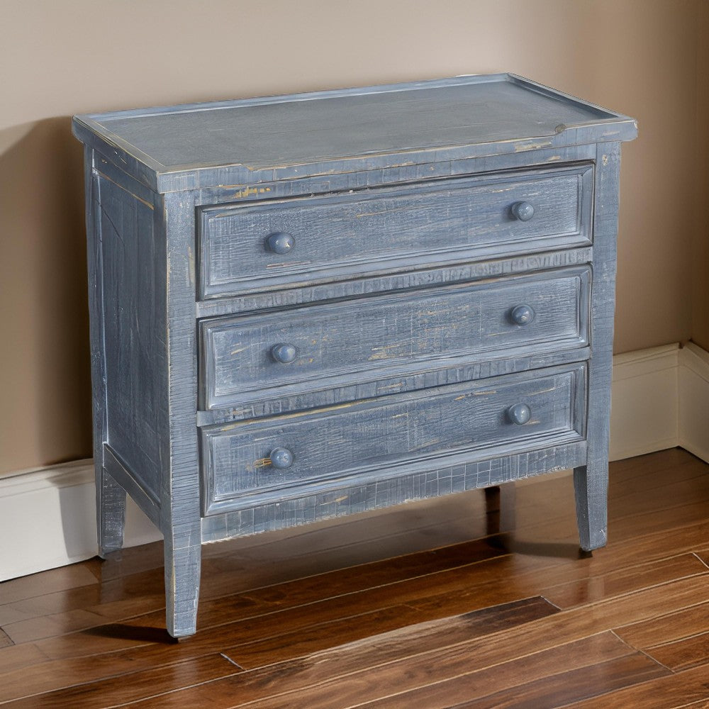 Rena Side End Table with 3 Drawers, 28" Rustic Blue Mahogany Wood
