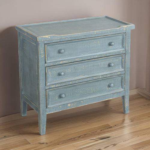 Rena Side End Table with 3 Drawers, 28" Rustic Green Mahogany Wood