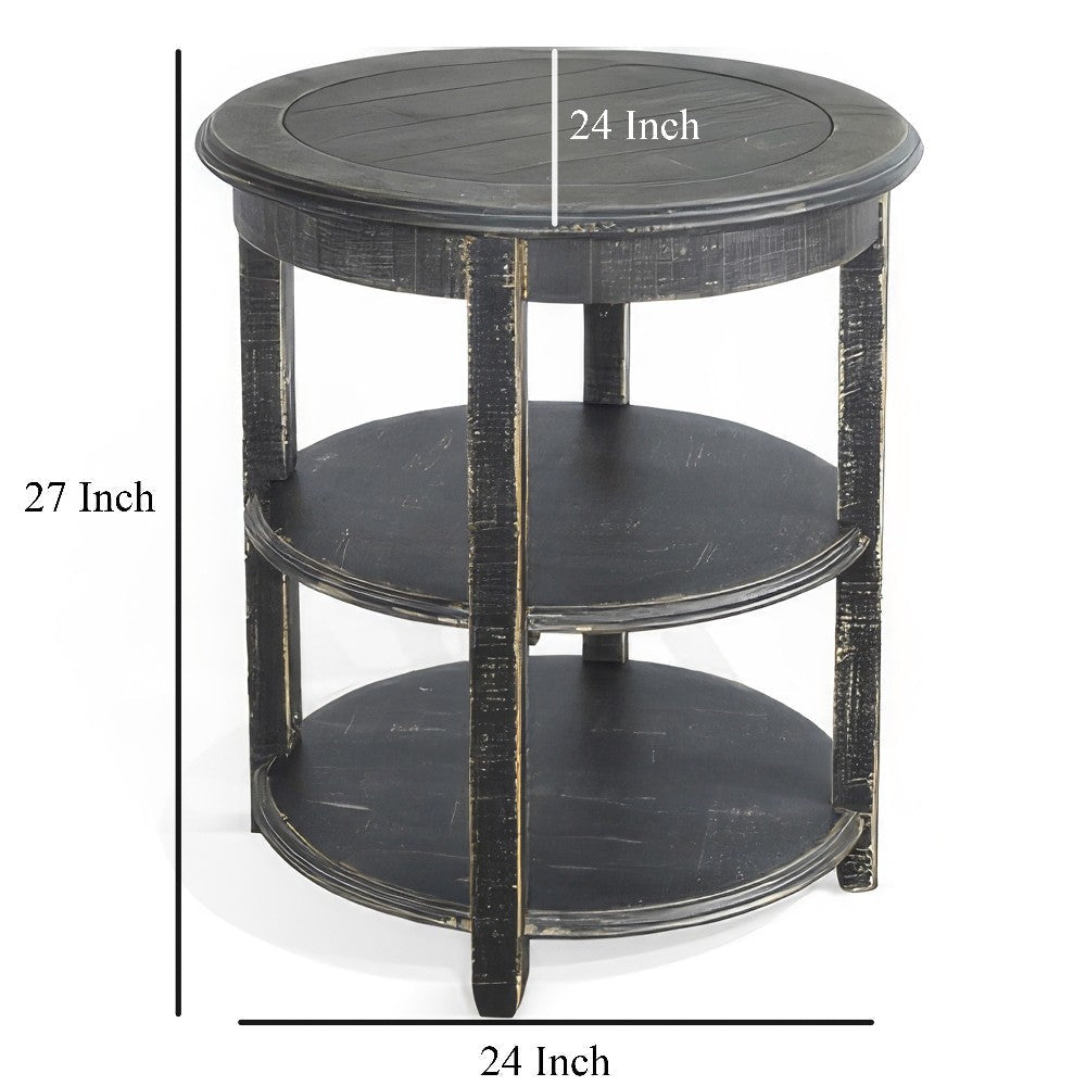 Rena Side End Table with 2 Shelves 24’’ Round Black Mahogany Wood BM325325