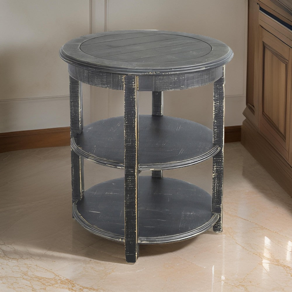 Rena Side End Table with 2 Shelves, 24" Round Black Mahogany Wood