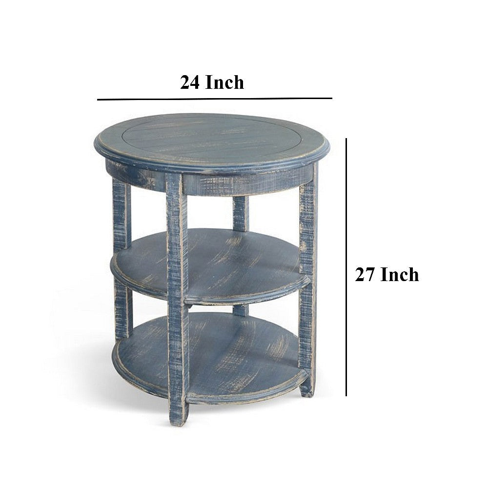 Rena Side End Table with 2 Shelves 24’’ Ocean Blue Mahogany Wood BM325326
