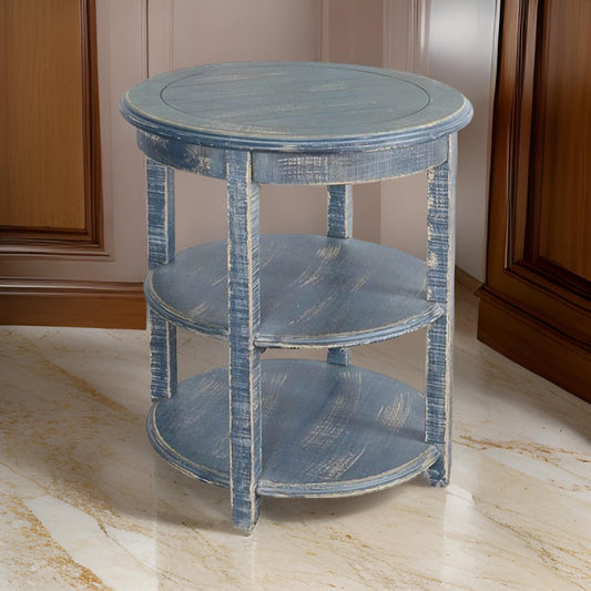 Rena Side End Table with 2 Shelves, 24" Ocean Blue Mahogany Wood