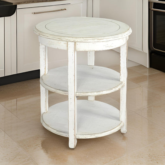 Rena Side End Table with 2 Shelves, 24" Round White Mahogany Wood