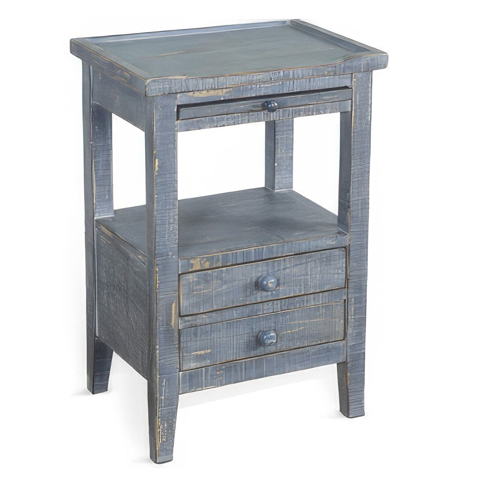 Rena Side End Table 2 Drawers Pull-Out Tray 17’’ Blue Mahogany BM325330