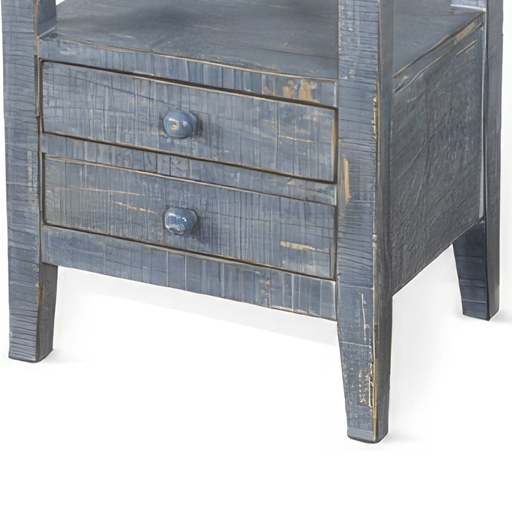 Rena Side End Table 2 Drawers Pull-Out Tray 17’’ Blue Mahogany BM325330