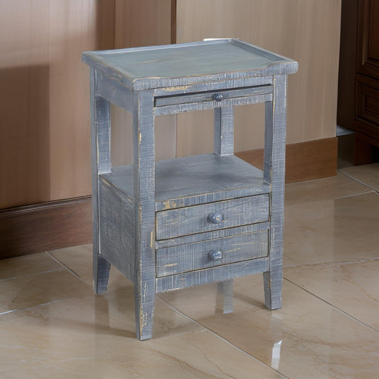Rena Side End Table, 2 Drawers, Pull-Out Tray, 17" Blue Mahogany