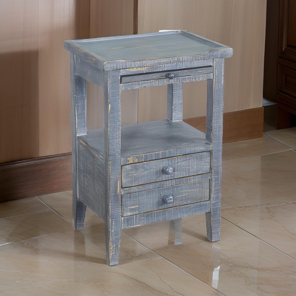 Rena Side End Table, 2 Drawers, Pull-Out Tray, 17" Blue Mahogany