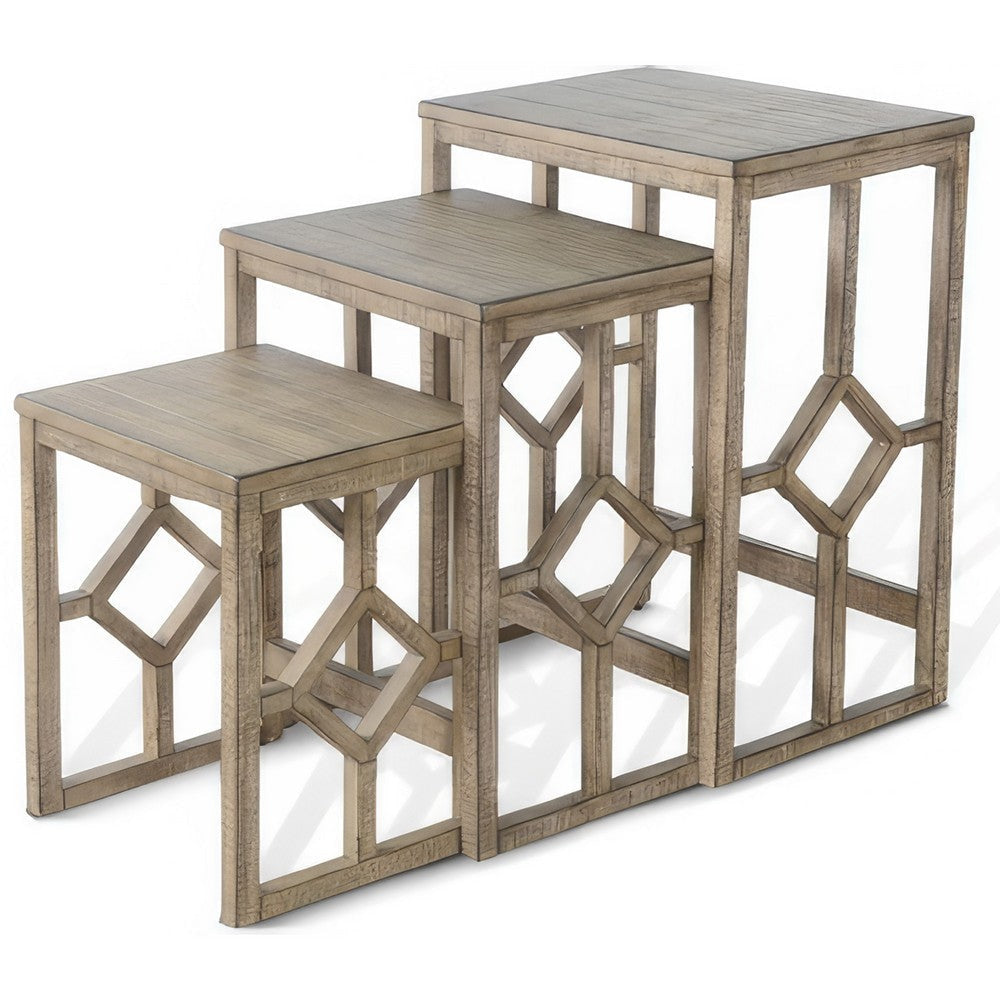 Rena 3 Piece Nesting Accent Table Set | Geometric Frame | Distressed Pebble Brown Solid Mahogany Wood