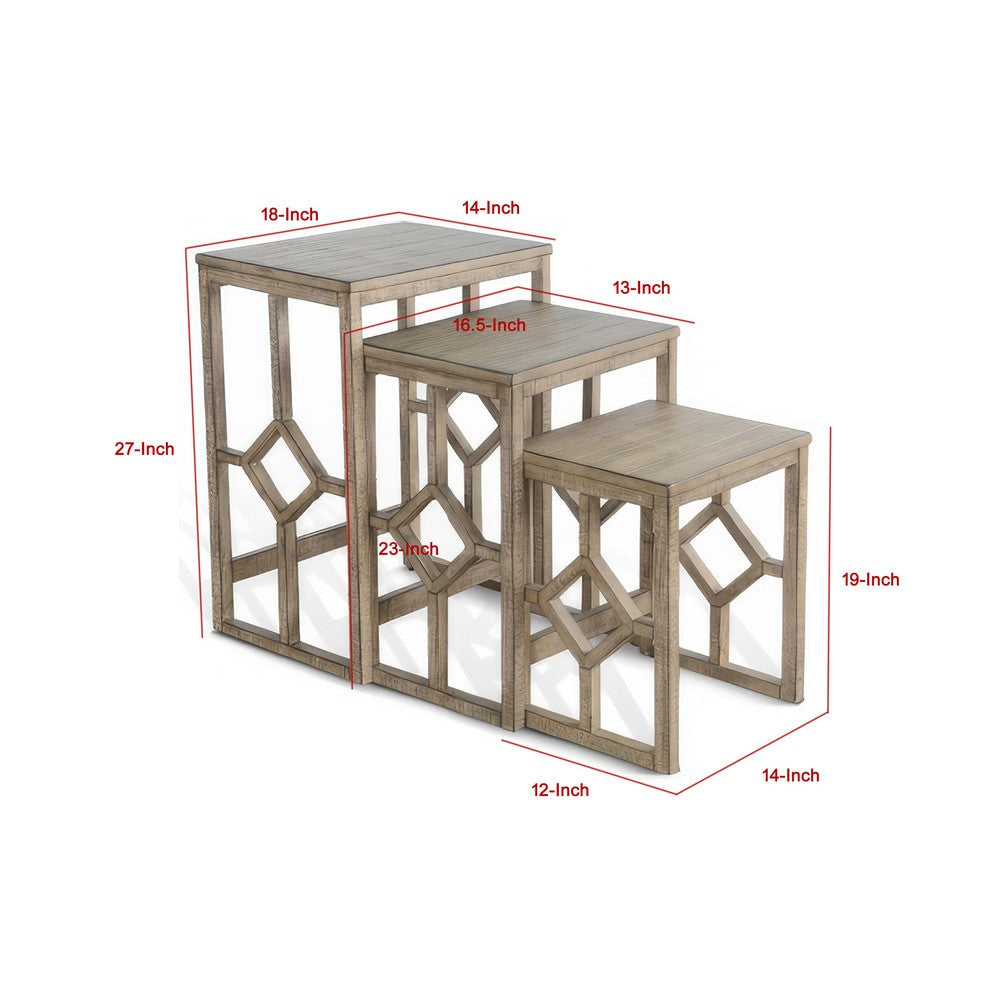 Rena 3 Piece Nesting Accent Table Set | Geometric Frame | Distressed Pebble Brown Solid Mahogany Wood