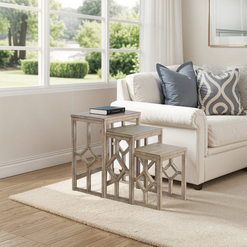 Rena 3 Piece Nesting Accent Table Set | Geometric Frame | Distressed Pebble Brown Solid Mahogany Wood