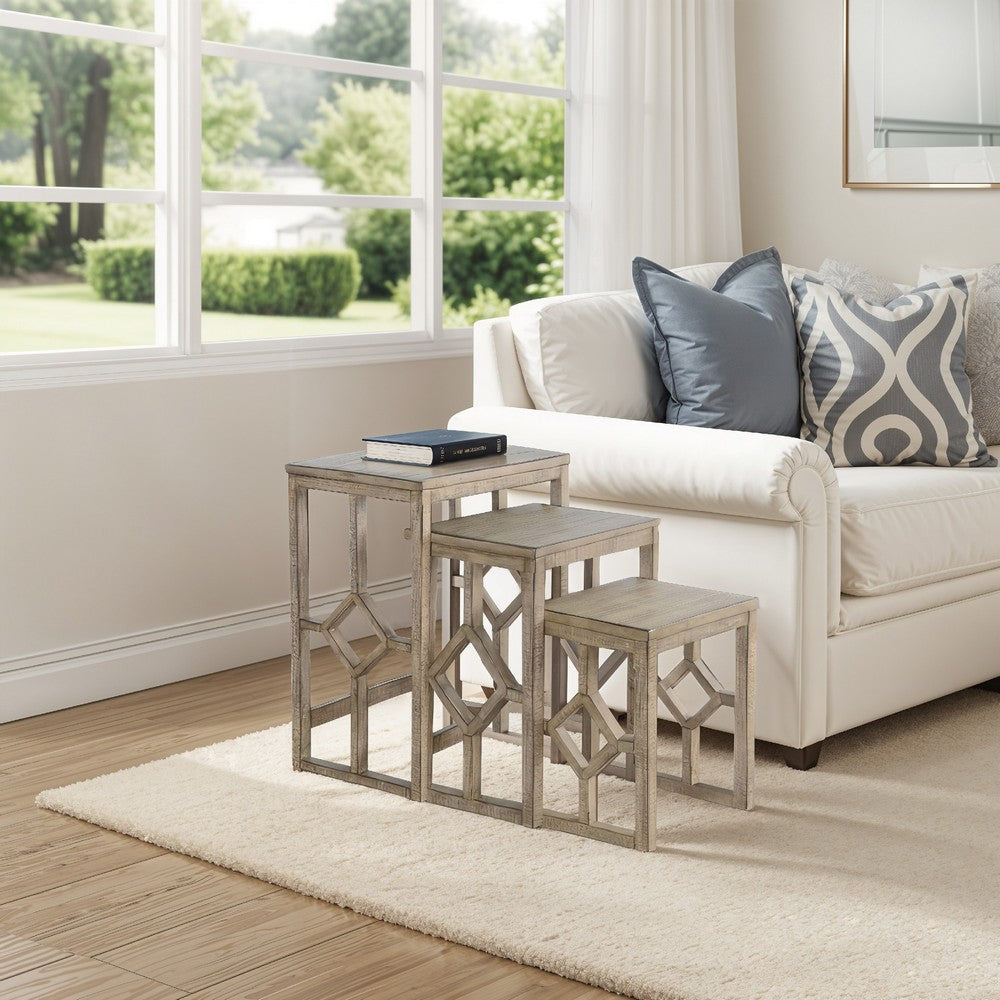Rena 3 Piece Nesting Accent Table Set | Geometric Frame | Distressed Pebble Brown Solid Mahogany Wood