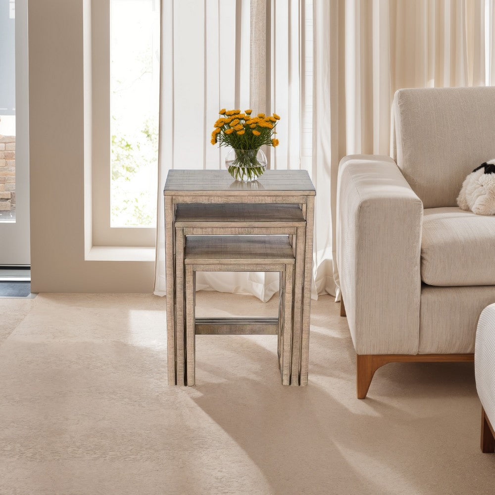 Rena 3 Piece Nesting Accent Table Set | Geometric Frame | Distressed Pebble Brown Solid Mahogany Wood